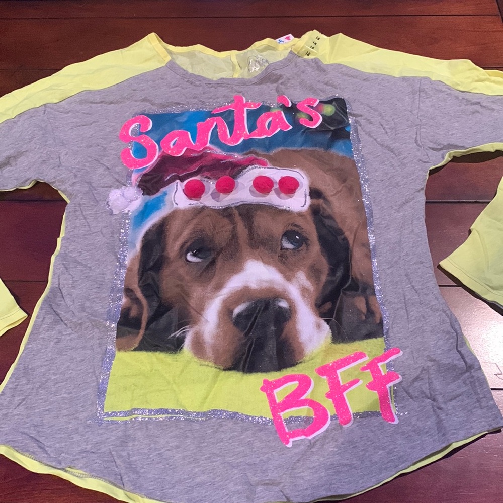 NWT Justice Santa’s BFF Dog Long Sleeve Sparkle Tee w/ Pom Poms Size 18